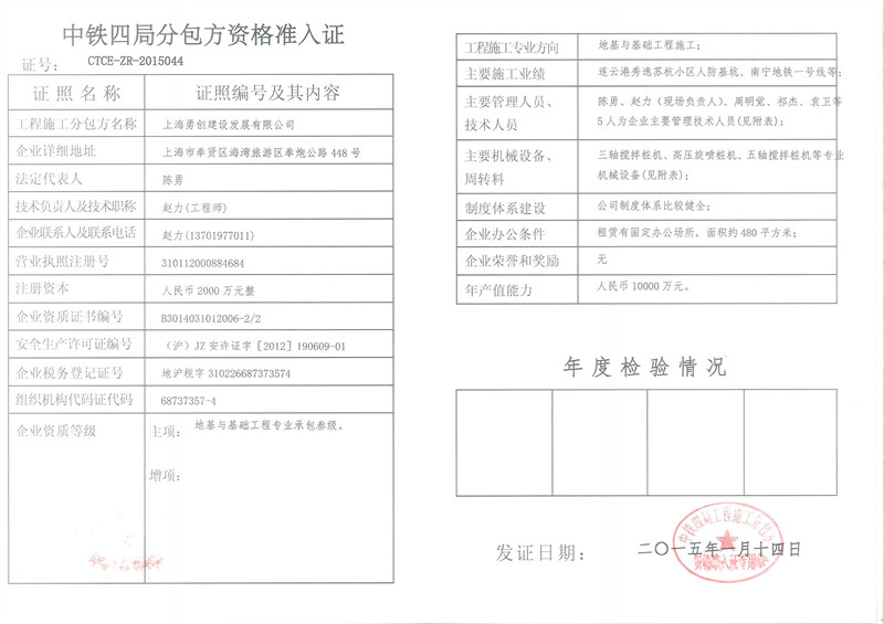 中通四局集團分包企業準入證